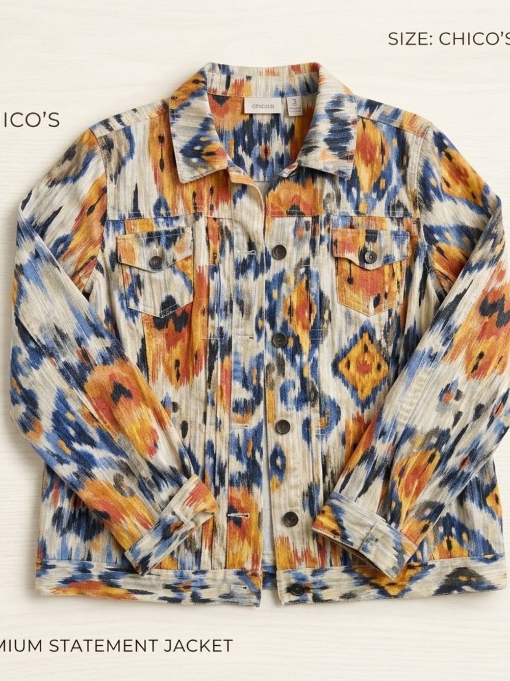 CHICO'S Size 3  (XL) Linen Blend Southwestern Ikat Jacket Boho Button Up
